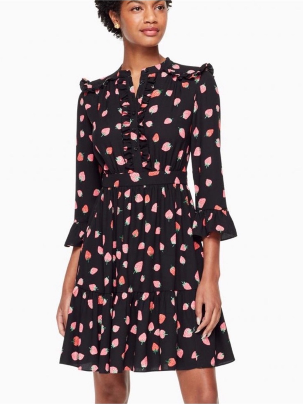 Kate Spade Black Long Sleeve Tossed Berry Shirtdress Strawberry